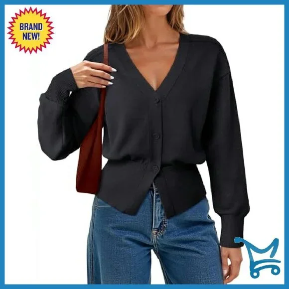 Long Sleeve V-Neck Peplum Cardigan Sweater Open Front Knitted - Picture 2 of 8